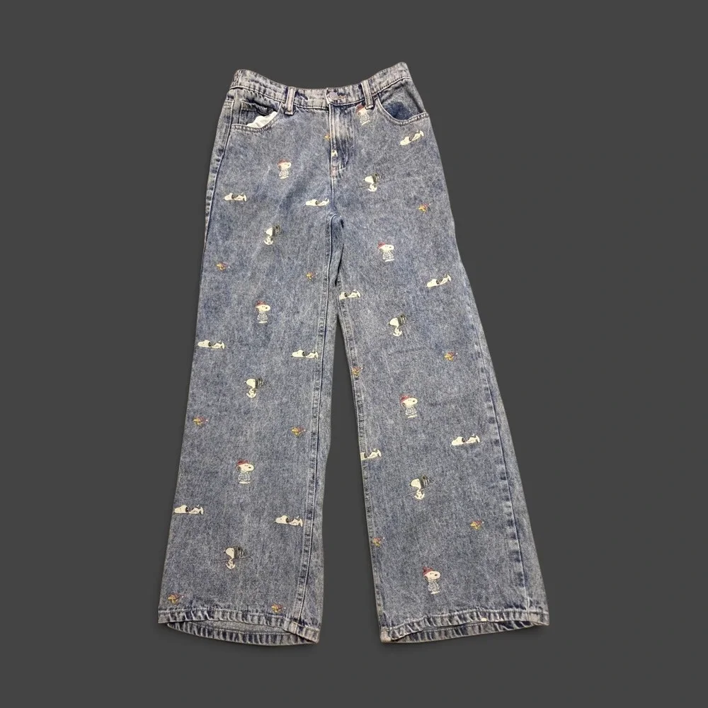 Justice Girls Peanuts Snoopy Wide Leg Jeans Light Wash Blue Denim Size 14 460781